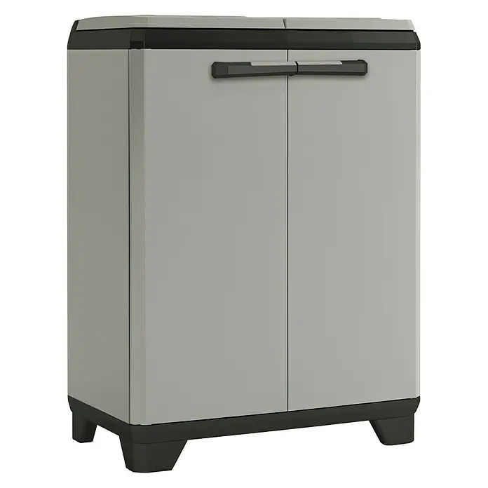 Keter Kunststoff-Mehrzweckschrank Planet für Müllbeutel - L x B x H: 39 x 68 x 90 cm - Ein grauer Kunststoffschrank mit zwei Türen und schwarzen Griffen und Füßen. Ideal zur Aufbewahrung im Haus.