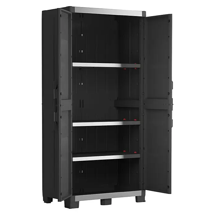 Keter Kunststoff-Mehrzweckschrank Premium XL - L x B x H: 54 x 89 x 188 cm - Ein geräumiger, grauer Kunststoffschrank mit offenen Türen und mehreren Einlegeböden für viel Stauraum. Ideal für Garage oder Keller.