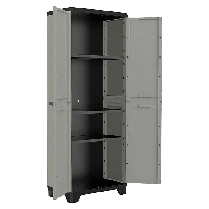 Keter Kunststoff-Mehrzweckschrank Planet - L x B x H: 39 x 68 x 173 cm - Ein grauer Kunststoff-Gartenschrank mit geöffneten Türen und drei Regalen. Ideal zur Aufbewahrung im Außenbereich.