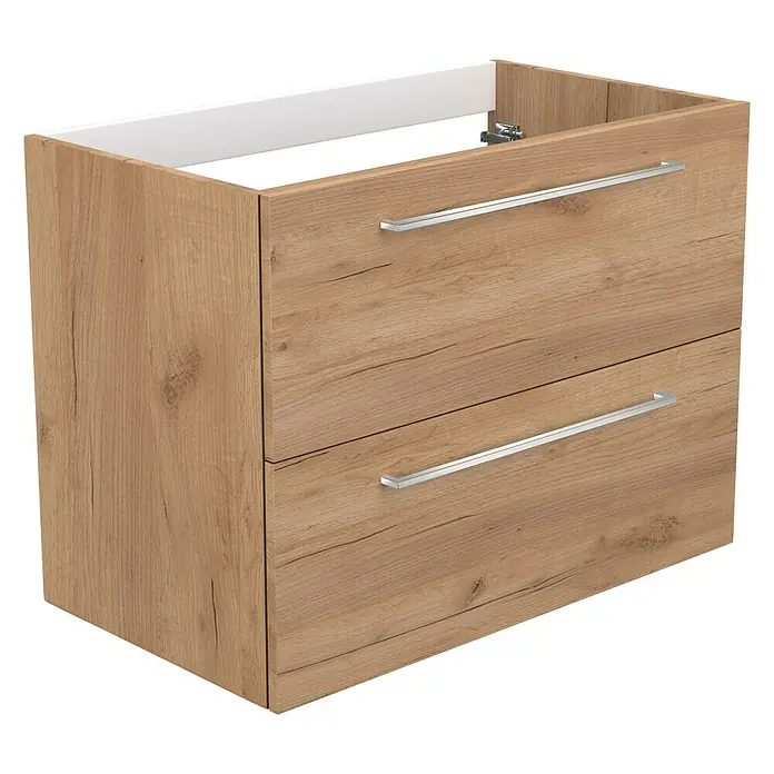 Camargue Espacio Waschtischunterschrank - 80 x 46 x 60 cm, 2 Schubkästen, Doce - Abbildung eines Unterschranks mit zwei Schubladen und Holzoptik. Das Möbelstück hat silberne Griffe und ist für das Badezimmer geeignet.