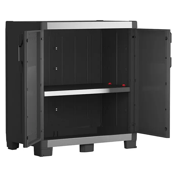 Keter Kunststoff-Mehrzweckschrank Premium XL - L x B x H: 54 x 89 x 99 cm - Ein offener grauer Kunststoffschrank mit zwei Regalböden, ideal für Lagerung im Innenbereich.