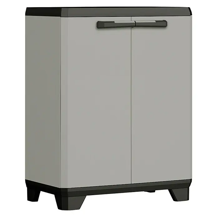 Keter Kunststoff-Mehrzweckschrank Planet - L x B x H: 39 x 68 x 90 cm - Ein grauer Mehrzweckschrank mit zwei Türen und schwarzen Griffen und Füßen, ideal für die Aufbewahrung.