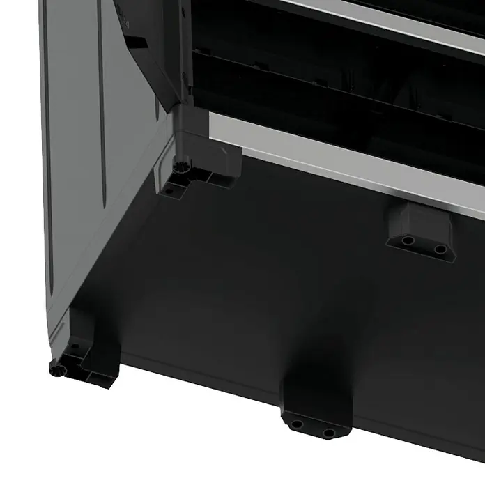 Keter Kunststoff-Mehrzweckschrank Premium XL - L x B x H: 54 x 89 x 99 cm - Detailaufnahme der Unterseite eines Produkts, die die Konstruktion und die Stützfüße zeigt.