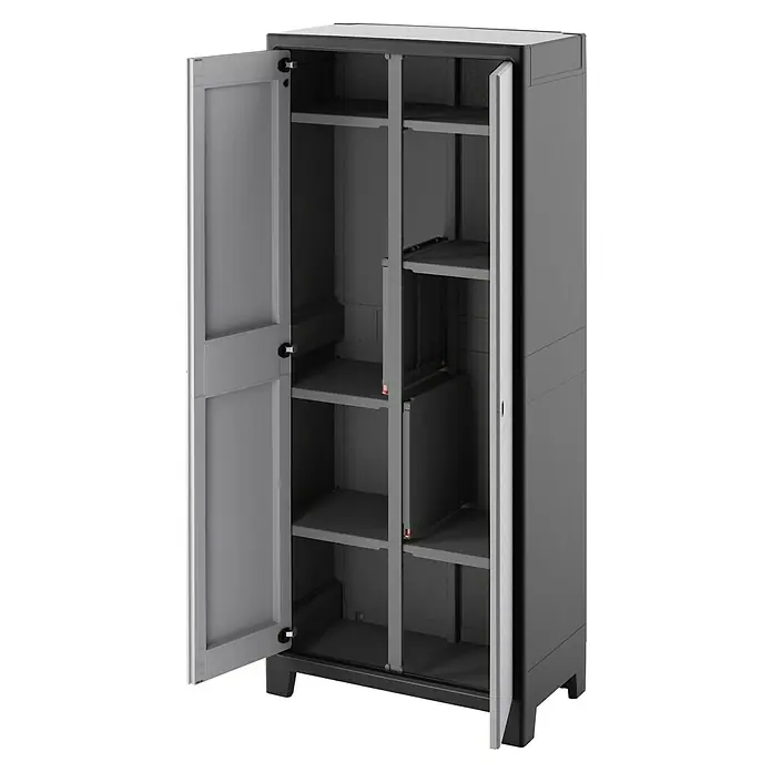Regalux Space Line Kunststoff-Mehrzweckschrank Multispace - L x B x H: 44 x 80 x 182 cm - Ein grauer, hoher Kunststoffschrank mit offenen Türen und mehreren Regalen. Ideal für die Aufbewahrung.
