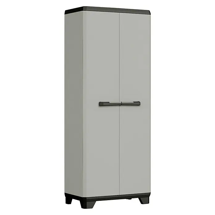 Keter Kunststoff-Mehrzweckschrank Planet - L x B x H: 39 x 68 x 173 cm - Ein grauer Doppeltürschrank mit schwarzem Griff und Sockel, ideal zur Aufbewahrung verschiedener Gegenstände. Stabiles und praktisches Möbelstück.