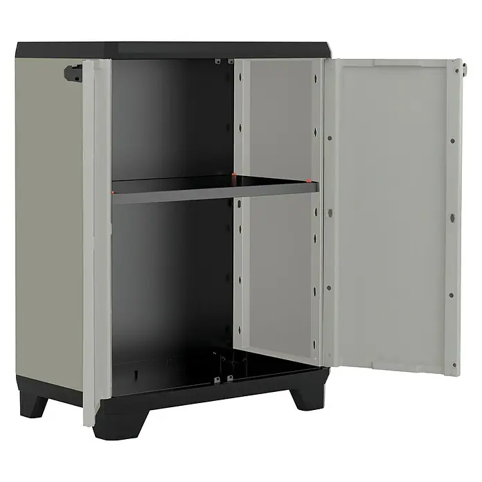 Keter Kunststoff-Mehrzweckschrank Planet - L x B x H: 39 x 68 x 90 cm - Offener grauer Schrank mit schwarzem Rahmen und Einlegeboden, ideal für die Werkstatt oder den Keller. Praktische Aufbewahrungslösung.