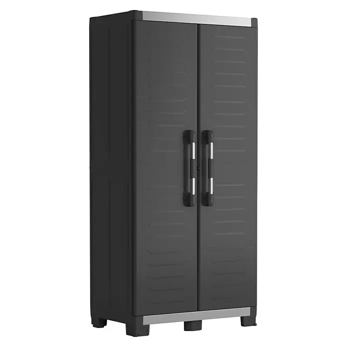 Keter Kunststoff-Mehrzweckschrank Premium XL - L x B x H: 54 x 89 x 188 cm - Schwarzer Kunststoffschrank mit zwei Türen und silbernen Griffen für Ordnung. Ideal für Garage, Keller oder Abstellraum.