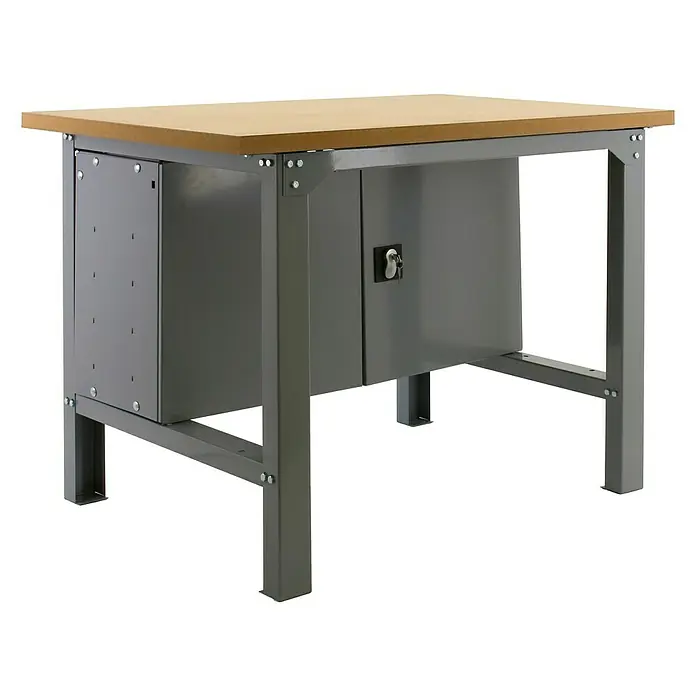Simonrack Simonwork Banco de trabajo BT6 Cabinet - L x An: 76 x 120 cm, Altura de trabajo: 86,5 cm, Carga soportada: 600 kg, Gris - Banco de trabajo con tapa de madera y gabinete de metal gris con puerta con cerradura y compartimentos adicionales para taller o garaje.