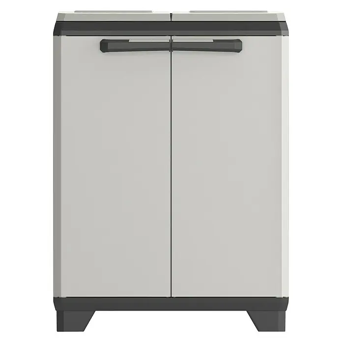 Keter Kunststoff-Mehrzweckschrank Planet für Müllbeutel - L x B x H: 39 x 68 x 90 cm - Abbildung eines grauen Kunststoffschranks mit zwei Türen und schwarzen Griffen und Füßen. Der Schrank ist ideal für die Aufbewahrung im Innen- und Außenbereich.