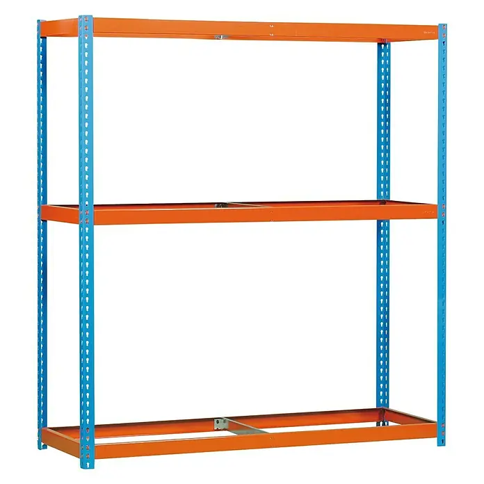 Simonrack Simonforte Estantería para cargas pesadas - Al x An x Pr: 200 x 240 x 60 cm, Número de baldas: 3 ud., Inserción, Azul/Naranja, Capacidad de carga por balda: 400 kg - Esta imagen muestra una estantería de tres niveles, con marcos azules y estantes naranjas. La estantería es independiente y vacía.