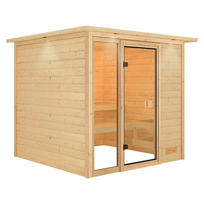 Karibu Massivholzsauna Jutta - L x B x H: 210 x 224 x 191 cm, Ohne Ofen, Mit Dachkranz und Beleuchtung - Sauna-Kabine aus Holz mit gläserner Tür. Die Sauna ist beleuchtet und bietet Platz zum Entspannen und für Wellness.