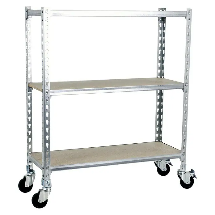 Simonrack Maderclick Estantería metálica Mobile Superplus - Al x An x Pr: 90 x 110 x 40 cm, Número de baldas: 3 ud., Inserción, Galvanizado - Imagen de una estantería móvil plateada con dos estantes, ideal para almacenamiento y organización.