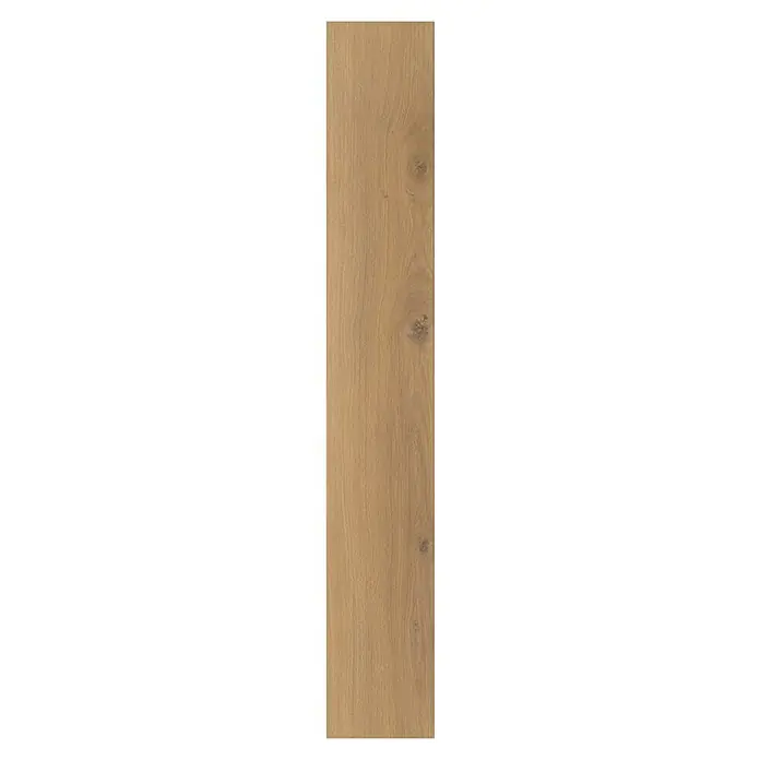 Parador Laminatmuster Basic 200 Eiche Horizont Natur - 200 x 194 x 7 mm, Landhausdiele - Detailaufnahme einer schmalen, hellbraunen Holzdiele mit dezenter Maserung und kleinen Astlöchern, ideal für natürliche Innenräume.