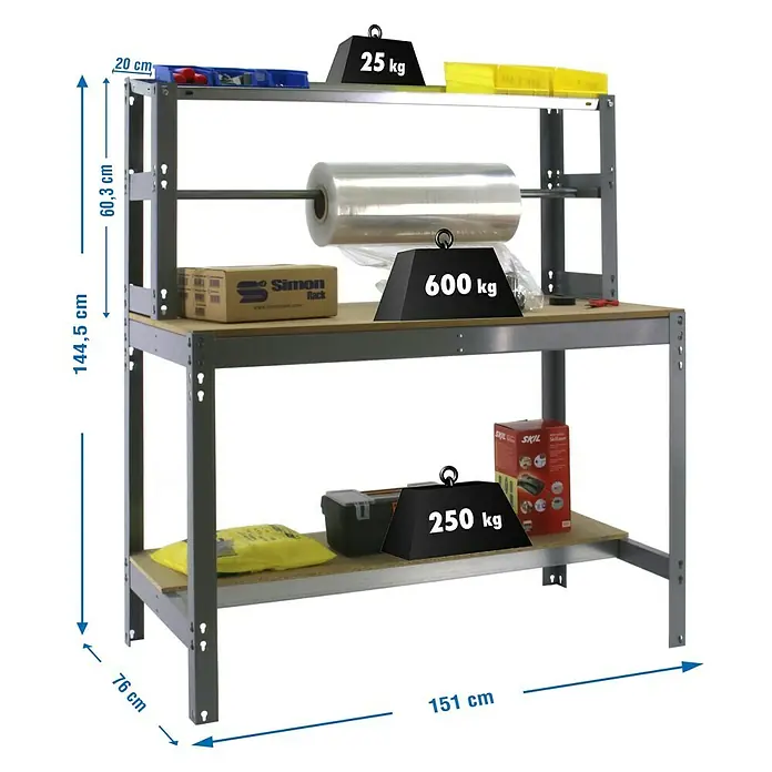 Simonrack Simonwork Banco de trabajo BT4 - L x An: 76 x 151 cm, Altura de trabajo: 144,5 cm, Carga soportada: 875 kg, Gris - Foto del producto de un banco de trabajo con estantes, cargado con herramientas y materiales, marcado con indicaciones de peso.