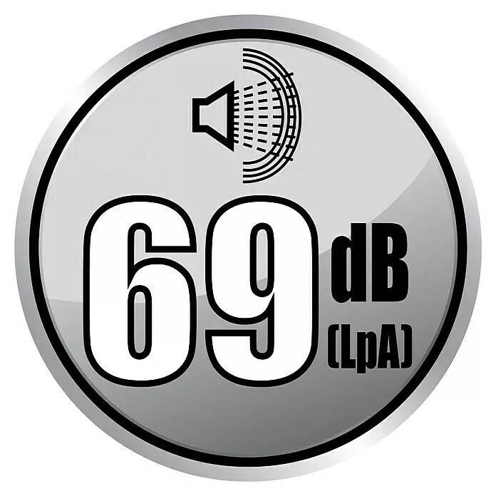 Herkules Compresor WALLETECH - Presión máx.: 8 bar, 2 l - Etiqueta redonda gris plata con icono de altavoz y '69 dB (LpA)' indicando el nivel de potencia sonora.