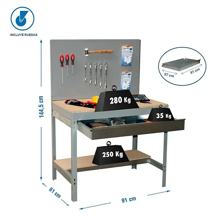 Simonrack Simonwork Banco de trabajo BT2 Box Mobile - L x An: 61 x 91 cm, Altura de trabajo: 144,5 cm, Carga soportada: 120 kg, Gris - Banco de trabajo con panel perforado, cajón y estante, con carga de 280 kg, 35 kg y 250 kg respectivamente. Incluye ruedas.