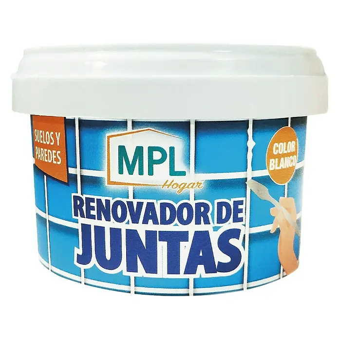 MPL Masilla de renovación Paredes y suelos - 400 g - Un bote de renovador de juntas MPL en blanco, apto para suelos y paredes, para una fácil aplicación con brocha.