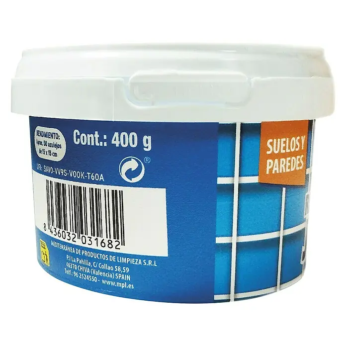 MPL Masilla de renovación Paredes y suelos - 400 g - Un envase de 400 g de producto de limpieza de Mediterranea de Productos de Limpieza S.R.L. para suelos y paredes.