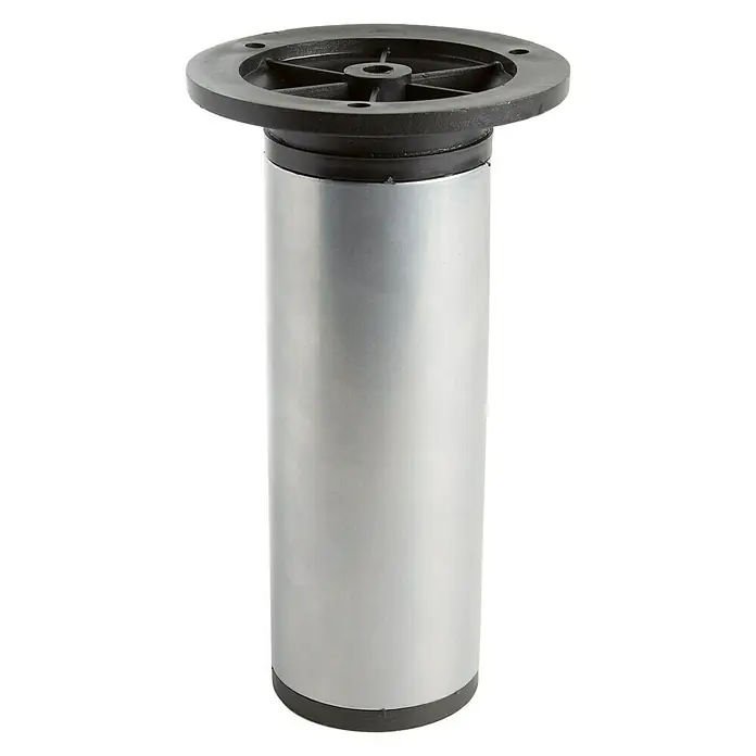 Rei Pata para muebles 973 - Acero, Aluminio, Ø x L: 5 x 15 cm - Pata de mueble plateada con parte superior de plástico negro. La pata es cilíndrica y robusta.