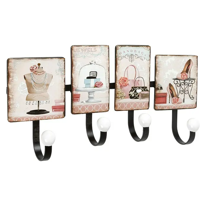 Rei Perchero - L x An x Al: 365 x 19 x 65 cm, Metal - Perchero decorativo de pared con motivos de joyas, bolsos y zapatos, perfecto para un almacenaje elegante.