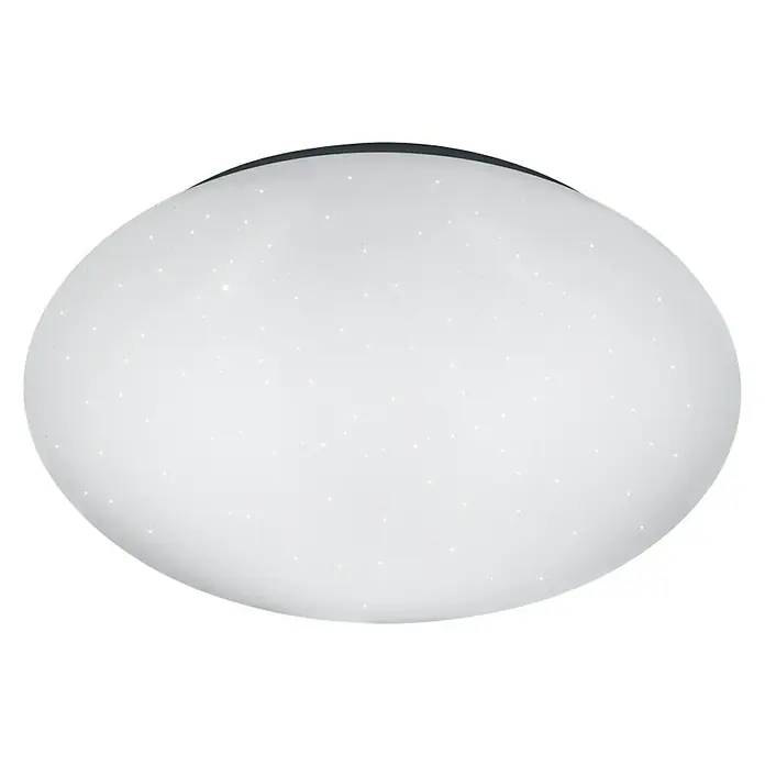 Reality Leuchten LED-Deckenleuchte rund Putz - 10 W, Ø x H: 27 x 8,5 cm, Weiß, Neutralweiß - Eine runde Deckenleuchte mit weißem Schirm und kleinen, sternartigen Lichtpunkten auf schwarzem Hintergrund.