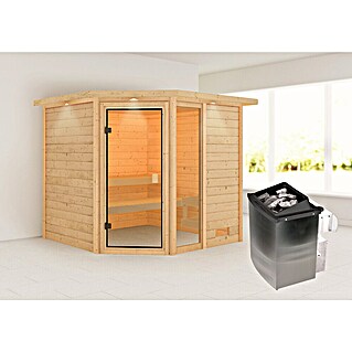 Karibu Massivholzsauna Tabea (L x B x H: 210 x 224 x 191 cm, Mit 9 kW Ofen mit integrierter Steuerung, Mit Dachkranz und Beleuchtung)