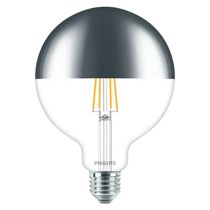 Philips Bombilla LED Modern Deco - E27, Intensidad regulable, Blanco cálido, 700 lm, 8 W - Imagen de una bombilla LED Philips con parte superior espejada, creando un brillo cálido y acogedor.
