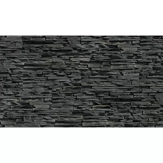 Stegu Verblendstein-Ecke Mesada - 26 cm x 12 cm x 24 mm, Graphit, Steinoptik - Dunkelgraue Wandverkleidung aus geschichtetem Naturstein, raue Textur.