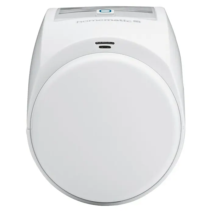 Homematic IP Heizkörper-Thermostat HmIP-eTRV-2 - Ventilanschluss: M30 x 1,5 mm, Batteriebetrieben, 97 x 58 x 71 mm, Weiß, 1 Stk. - Nahaufnahme eines weißen Homematic IP Bewegungsmelders. Der Sensor ist in einem schlichten, modernen Design gehalten.