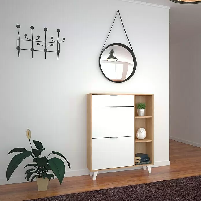 Meka Block Zapatero Nordic - L x An x Al: 25 x 90 x 115 cm, Blanco/Roble - Zapatero blanco y de madera clara con cajones y estantes abiertos en una entrada.