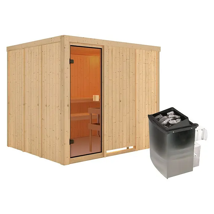 Karibu Elementsauna Nybro - L x B x H: 196 x 231 x 198 cm, Mit 9 kW Saunaofen mit integrierter Steuerung - Holzsauna mit Glasfront und Saunaofen zur Entspannung und für ein wohltuendes Saunaerlebnis. Hochwertiges Design für Ihr Zuhause.
