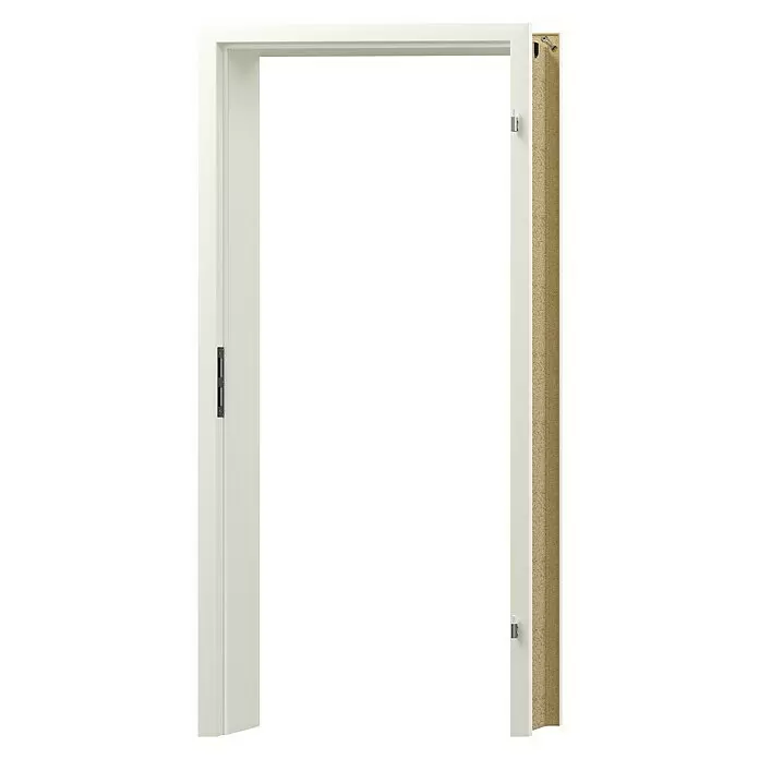 GetaDoor Laminit Türzarge GL 222 - 860 x 1.985 mm, Wandstärke: 205 mm, DIN Anschlag: Rechts, Arctic Weiß - Weißer Türrahmen mit sichtbarem Spanplattenkern, mit Scharnierausschnitten und schwarzem Schließblech.
