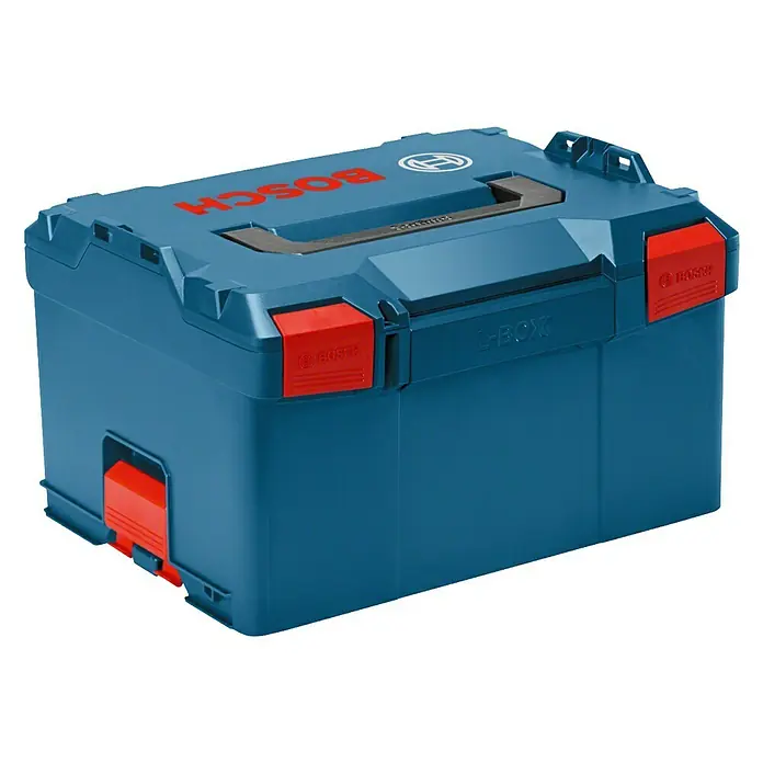 Bosch Professional Systemkoffer L-Boxx 238 - L x B x H: 357 x 442 x 253 mm, ABS - Ein blauer Bosch L-Boxx Werkzeugkoffer mit roten Verschlüssen und Tragegriff. Ideal für Werkzeuge und Zubehör.
