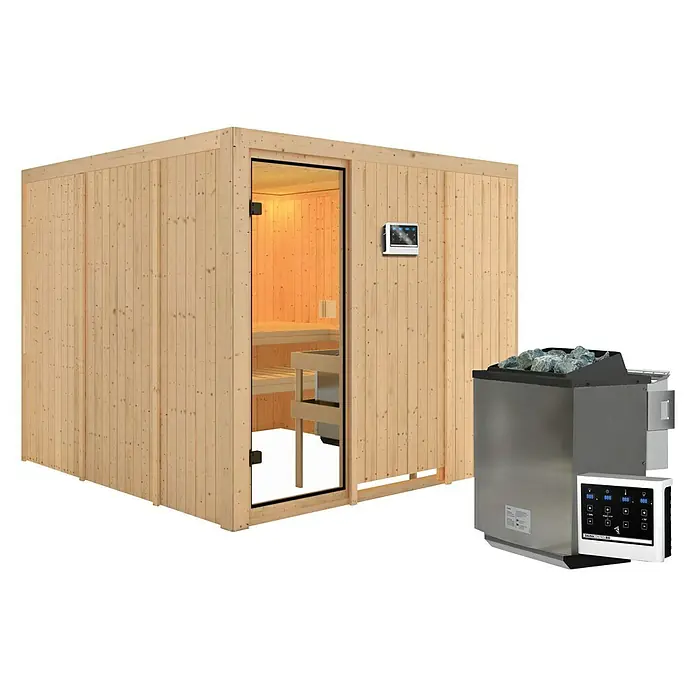 Karibu Elementsauna Arvika - Mit 9 kW Bio-Ofen mit externer Steuerung, L x B x H: 231 x 231 x 198 cm - Produktabbildung einer Sauna mit einem Saunaofen und einer Steuerkonsole.