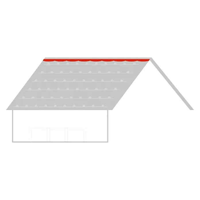 Metdach Dachfirst - Schwarz, 100 x 28 cm, Stahl - Dieses Bild zeigt ein Haus mit rotem Dach, das eine besondere Dachabdichtung darstellt und vor Feuchtigkeit schützt. Das Haus ist mit grauen Dachziegeln gedeckt.