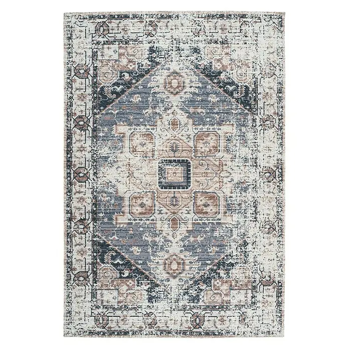Kayoom Kurzflorteppich Indiana - Grau/Braun, 150 x 80 cm, 100 % Baumwolle - Ein rechteckiger Teppich mit einem komplizierten, orientalisch inspirierten Muster in Blau-, Braun- und Beigetönen. Perfekt für jeden Raum.