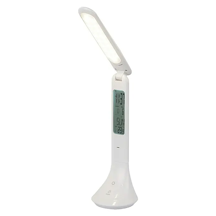 Globo LED-Tischleuchte - 4 W, L x B x H: 20 x 9 x 42,5 cm, Weiß, Neutralweiß - Eine weiße LED-Schreibtischlampe mit digitaler Anzeige von Uhrzeit, Datum und Temperatur, ideal für den Schreibtisch.