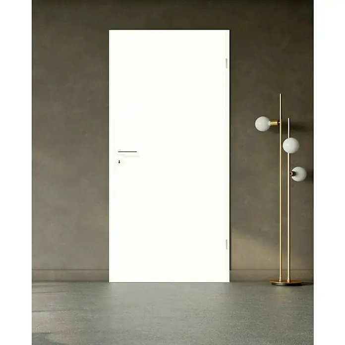 GetaDoor Laminit Zimmertür GL 222 - 610 x 2.110 mm, DIN Anschlag: Rechts, Arctic Weiß, Röhrenspan - Ein minimalistisches Bild einer weißen Innentür mit einer Metallklinke, die sich nahtlos in ein modernes Interieur einfügt.