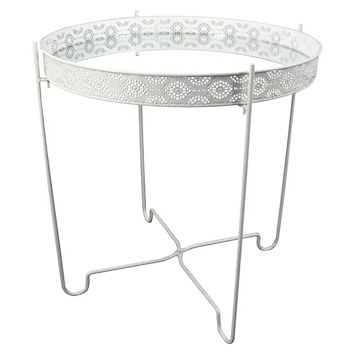 Beistelltisch mit Spiegelplatte - Ø x H: 40 x 42,5 cm, Weiß - Ein weißer, runder Beistelltisch mit filigranem Muster und Spiegelplatte, ideal als dekoratives Möbelstück in jedem Wohnraum.