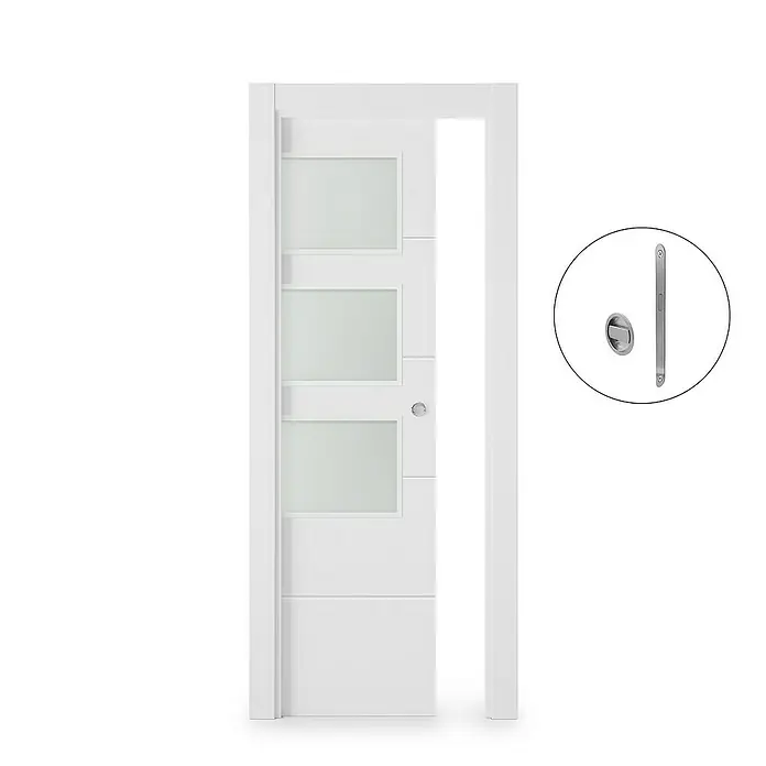 Puerta corredera de madera acristalada Recife - 72,5 x 203 cm, Blanco, Maciza, Con pico de loro - Elegante puerta blanca con inserciones de vidrio y un juego de manijas redondas para una apariencia moderna.