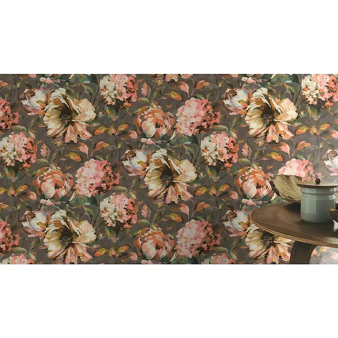 Rasch Florentine III Vliestapete Blumen - Mauve, Floral, 10,05 x 0,53 m - Florales Wanddekor: Ein üppiges Blumenmuster in sanften Rosa-, Pfirsich- und Cremetönen auf dunklem Grund, das jedem Raum Wärme und Eleganz verleiht.