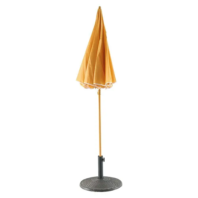 Sunfun Strandschirm - Gelb/Orange, Durchmesser Bespannung: 180 cm - Ein geschlossener, ockerfarbener Sonnenschirm mit Ständer, der sich ideal für den Garten oder die Terrasse eignet.
