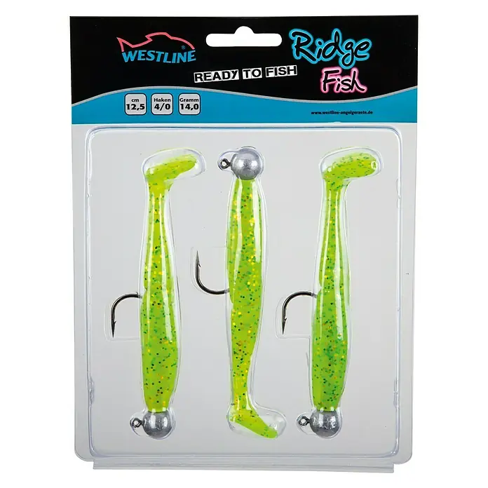 Westline Gummifisch-Set Ridge Fish - Grün, 100 g, Länge: 12,5 cm, 3 Stk. - Ridge Fish Angelköder-Set von Westline. Das Set enthält drei vorgefertigte Gummifische in grüner Farbe mit Haken, ideal zum sofortigen Einsatz.