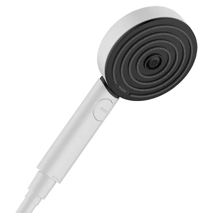 Hansgrohe Teleducha Pulsify - Número de funciones: 3 ud., Blanco - Primer plano de un cabezal de ducha Hansgrohe Select blanco con una cara de rociado oscura y un botón "Select" en el mango.