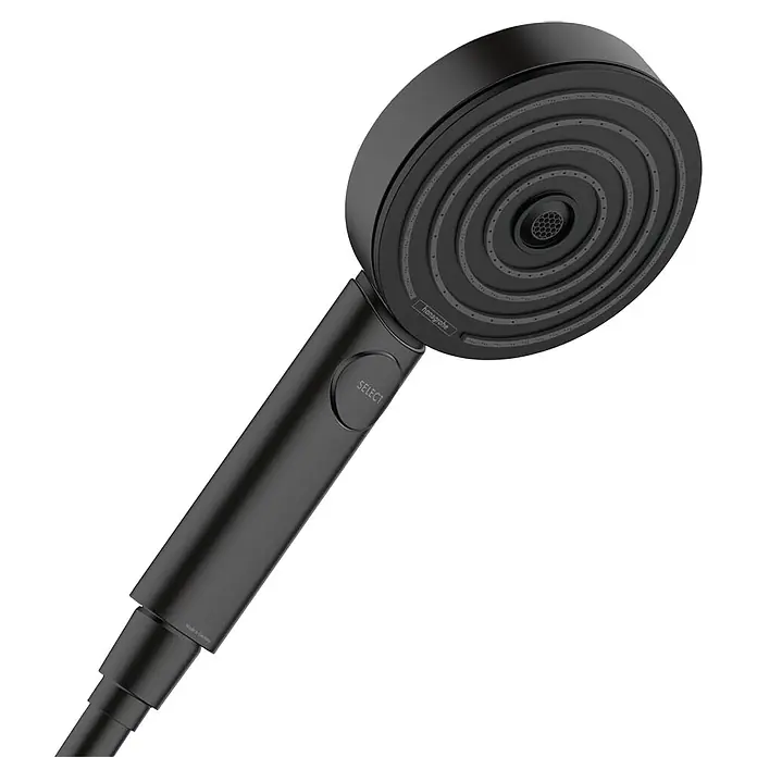 Hansgrohe Pulsify Select S Teleducha Pulsify - Número de funciones: 3 ud., Negro - Esta imagen muestra una elegante ducha de mano negra con múltiples patrones de rociado y un botón "Select" para fácil operación.
