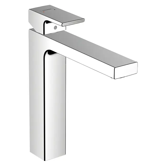 Hansgrohe Vernis Shape Waschtischarmatur 190 - Chrom, Glänzend - Nahaufnahme eines glänzenden, modernen Wasserhahns aus Chrom mit eckigem Design.