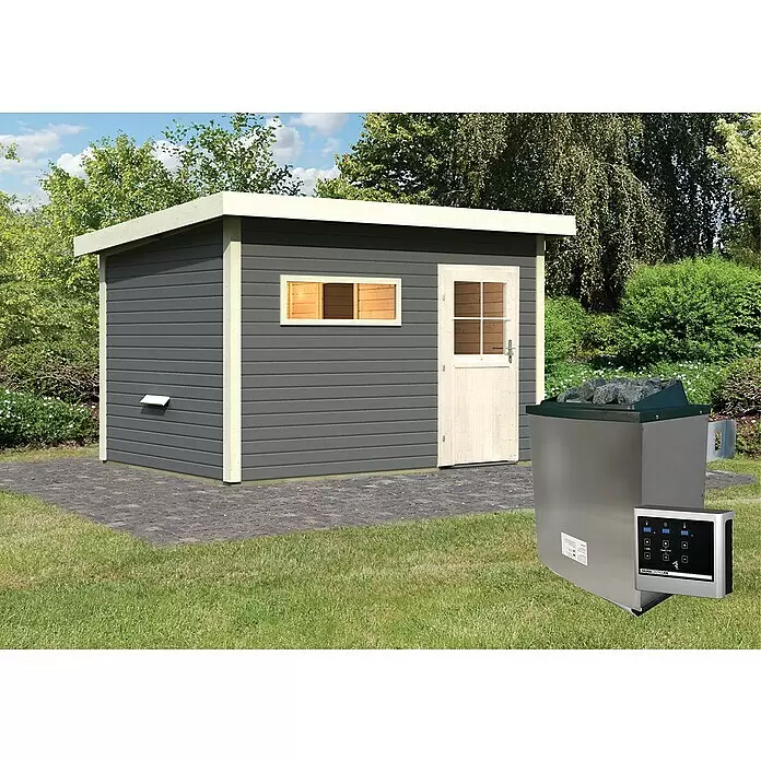 Karibu Saunahaus Suva 3 - Mit 9 kW Ofen mit externer Steuerung, Terragrau/Natur, L x B x H: 393 x 231 x 239 cm - Stimmungsaufnahme