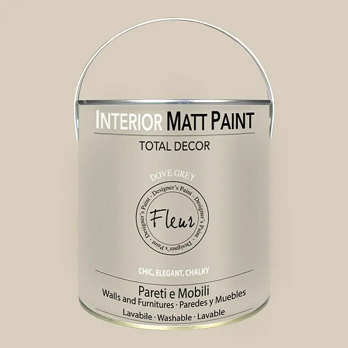 Fleur Pintura para efectos decorativos Interior Matt Paint - Dove Grey, 2,5 l - Bote de pintura mate para interiores "Dove Grey" de la marca Fleur con las indicaciones "Total Decor" y "Chic, Elegant, Chalky".