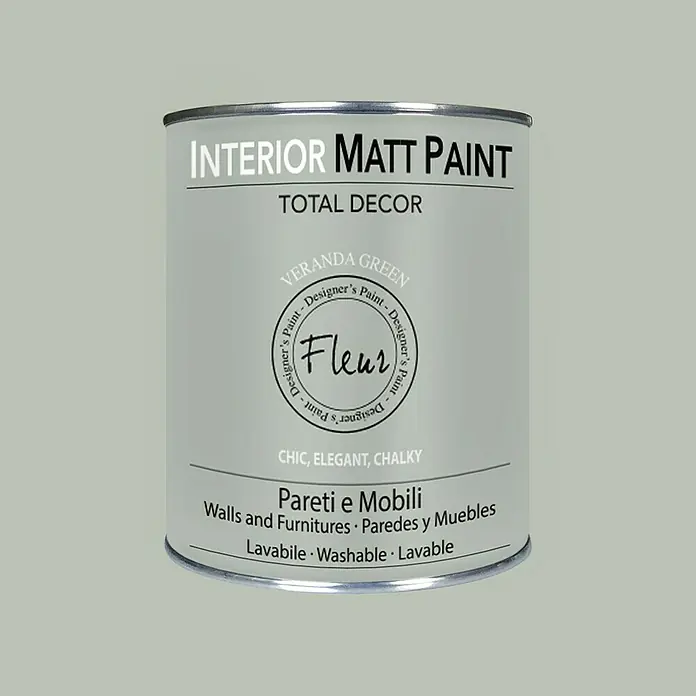 Fleur Pintura para efectos decorativos Interior Matt Paint - Veranda Green, 750 ml - Bote de pintura mate para interiores, color Veranda Green, para paredes y muebles, lavable.