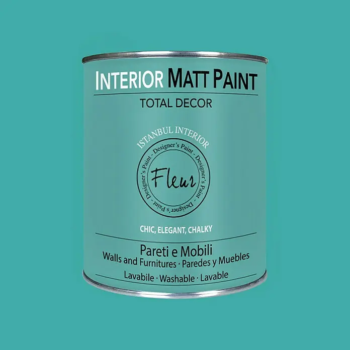 Fleur Pintura para efectos decorativos Interior Matt Paint - Istanbul, 750 ml - Un bote de pintura etiquetado como "INTERIOR MATT PAINT TOTAL DECOR", una pintura de interior con acabado mate apta para paredes y muebles.
